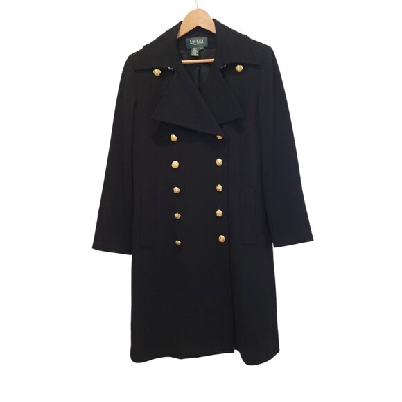 Ralph Lauren Petite Black Wool Blend Double Breasted Pea Coat Gold Buttons P/L - Picture 1 of 8